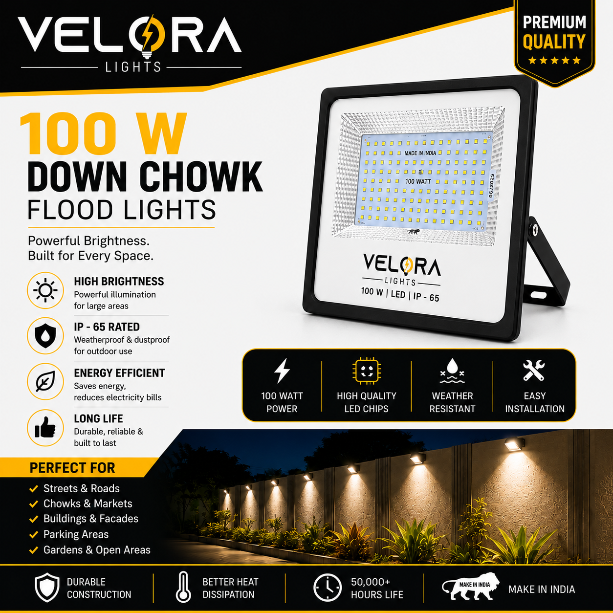 Velora Down Chowk Flood Light High Brightness | IP65 Waterproof | 50,000+ Hours Life