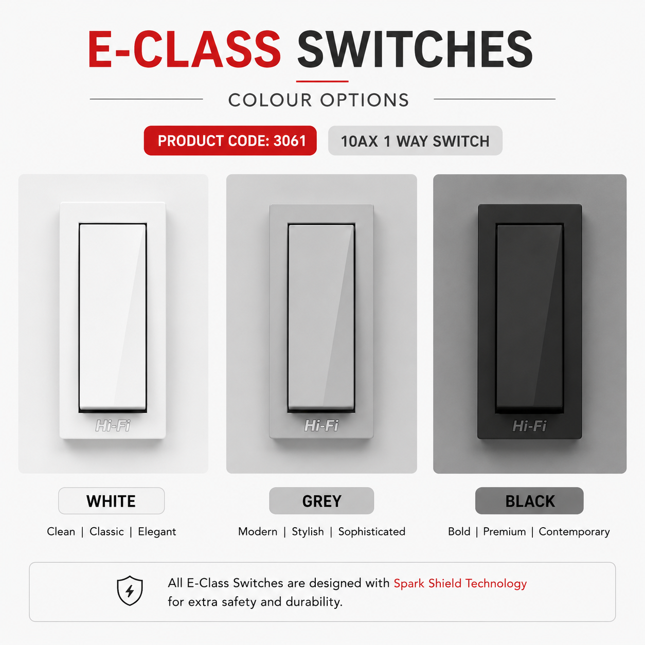 E-Class 10AX 1 Way Switch  – White, Grey & Black (Copy)