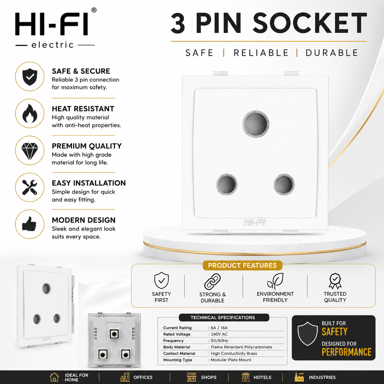 HI-FI 6A 3 Pin Modular Socket