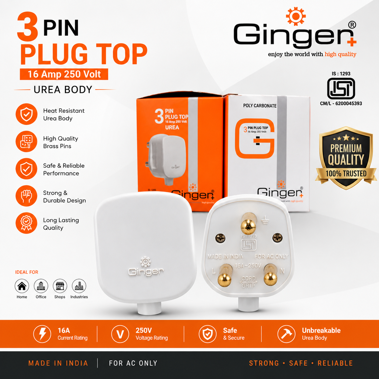 Ginger 16A 3 Pin Plug Top