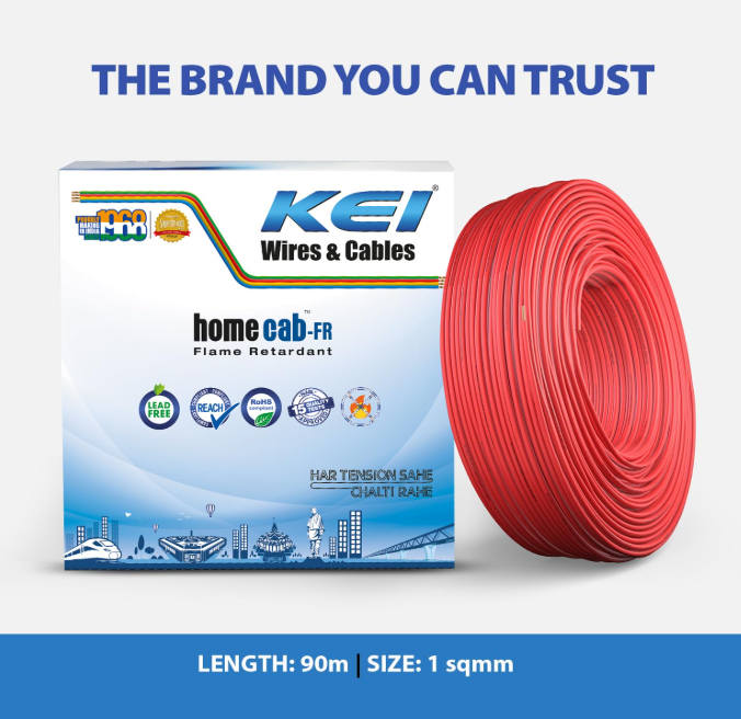 KEI WIRES & CABLES Homecab 1 sqmm TO 2.5 sqmm 1 Core 99.97% Pure Copper Conductor Flame Retardant House Wire PVC Insulated Cable for Domestic & Industrial Electrical Wiring (Red, 90 Meters)