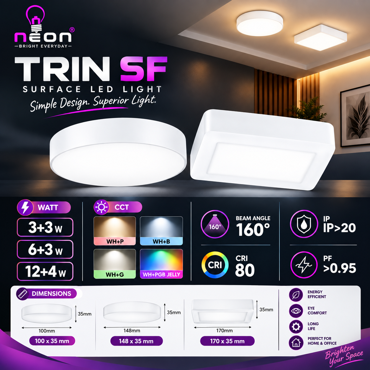 NEON+ TRIN SF  Round Surface Mounted LED Ceiling Light