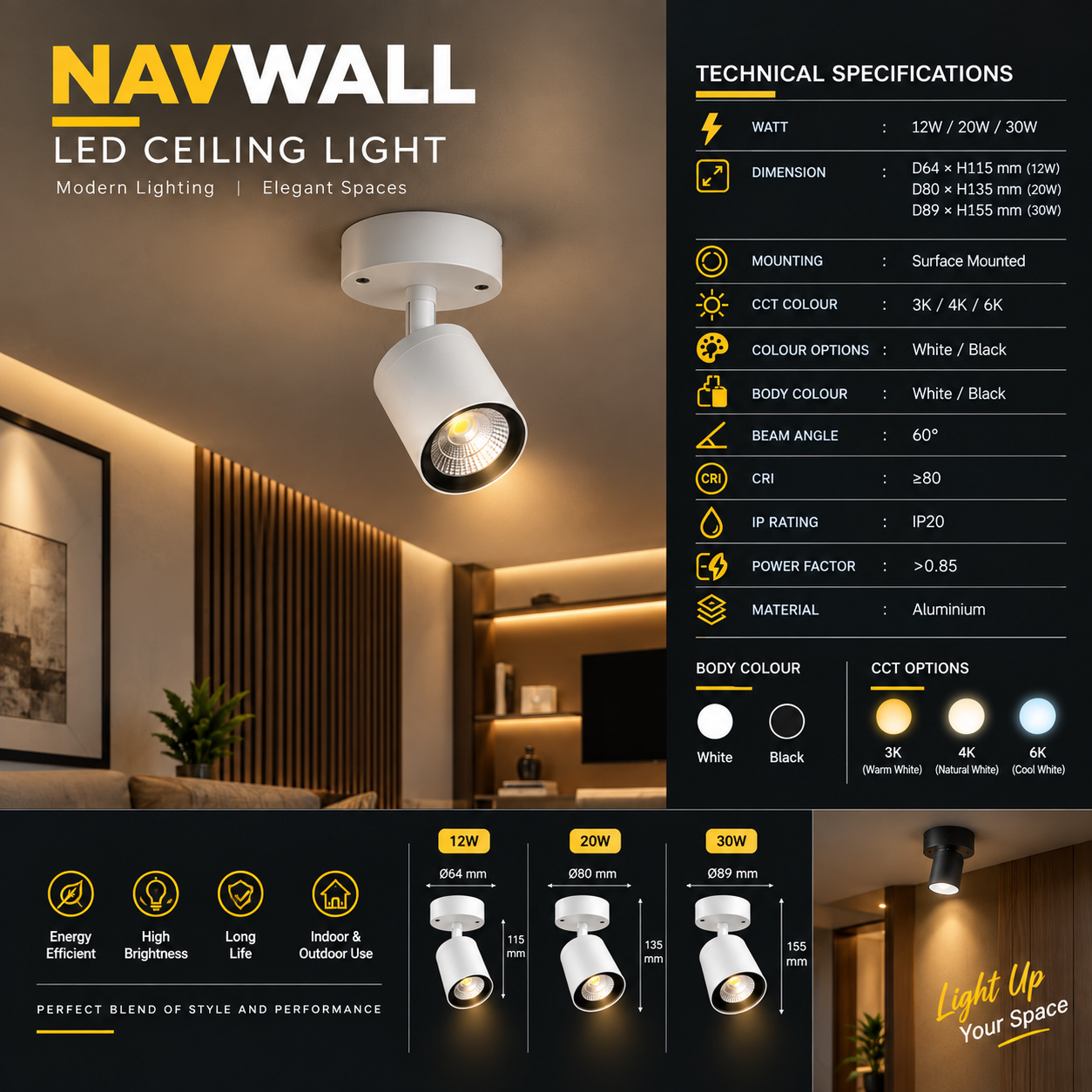 NAVWALL Adjustable LED Wall Light | 12W–30W Cylindrical Surface Mounted Spotlight