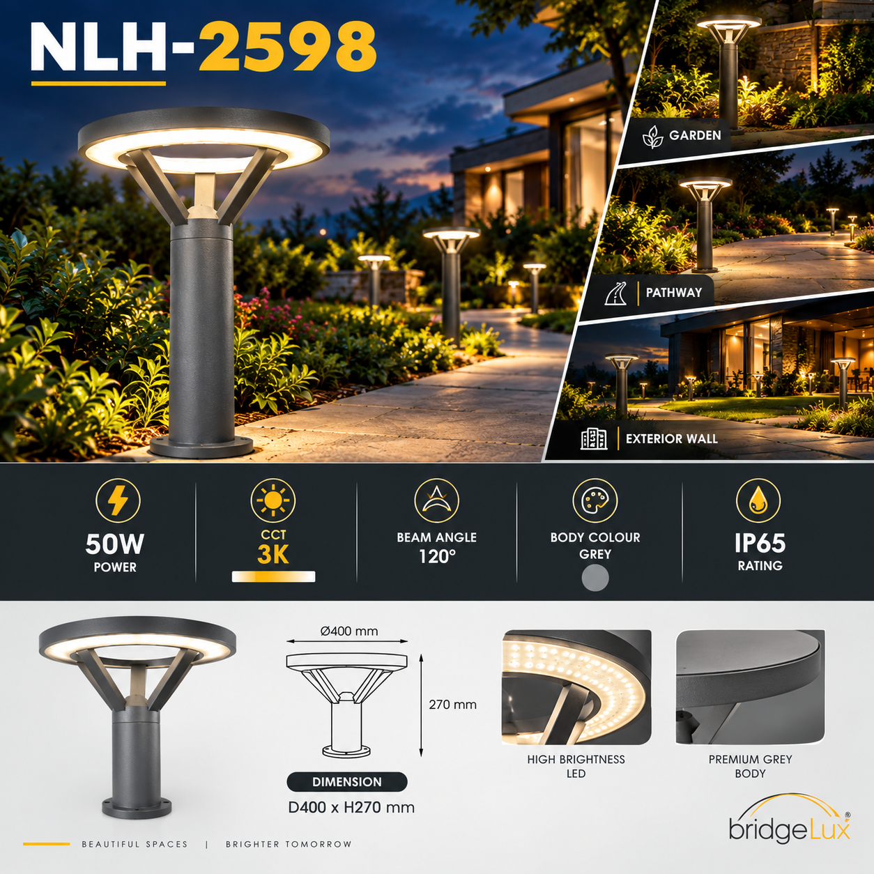 NLH-2598 50W Outdoor LED Bollard Light | 3K | IP65