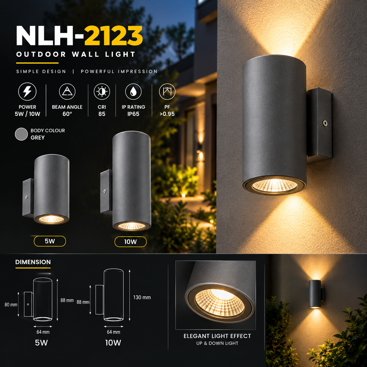 NLH-2123 Outdoor LED Wall Light | 5W/10W | 3K | IP65