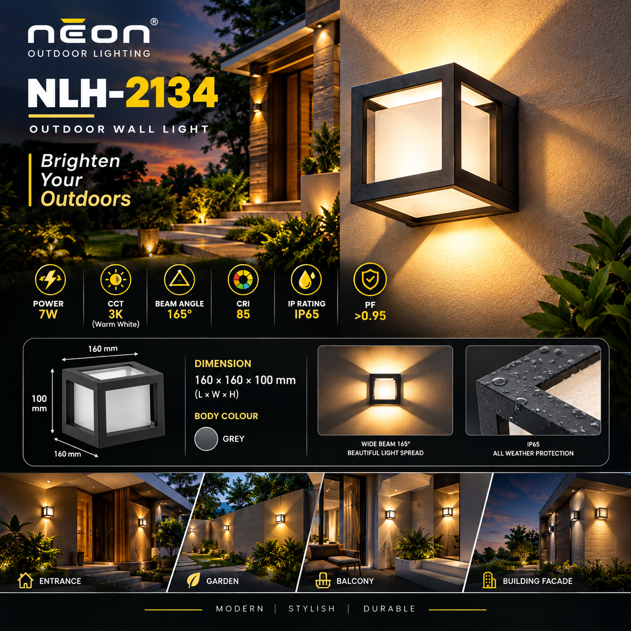 NLH-2134 7W Outdoor LED Wall Light | 3K | 165° | IP65