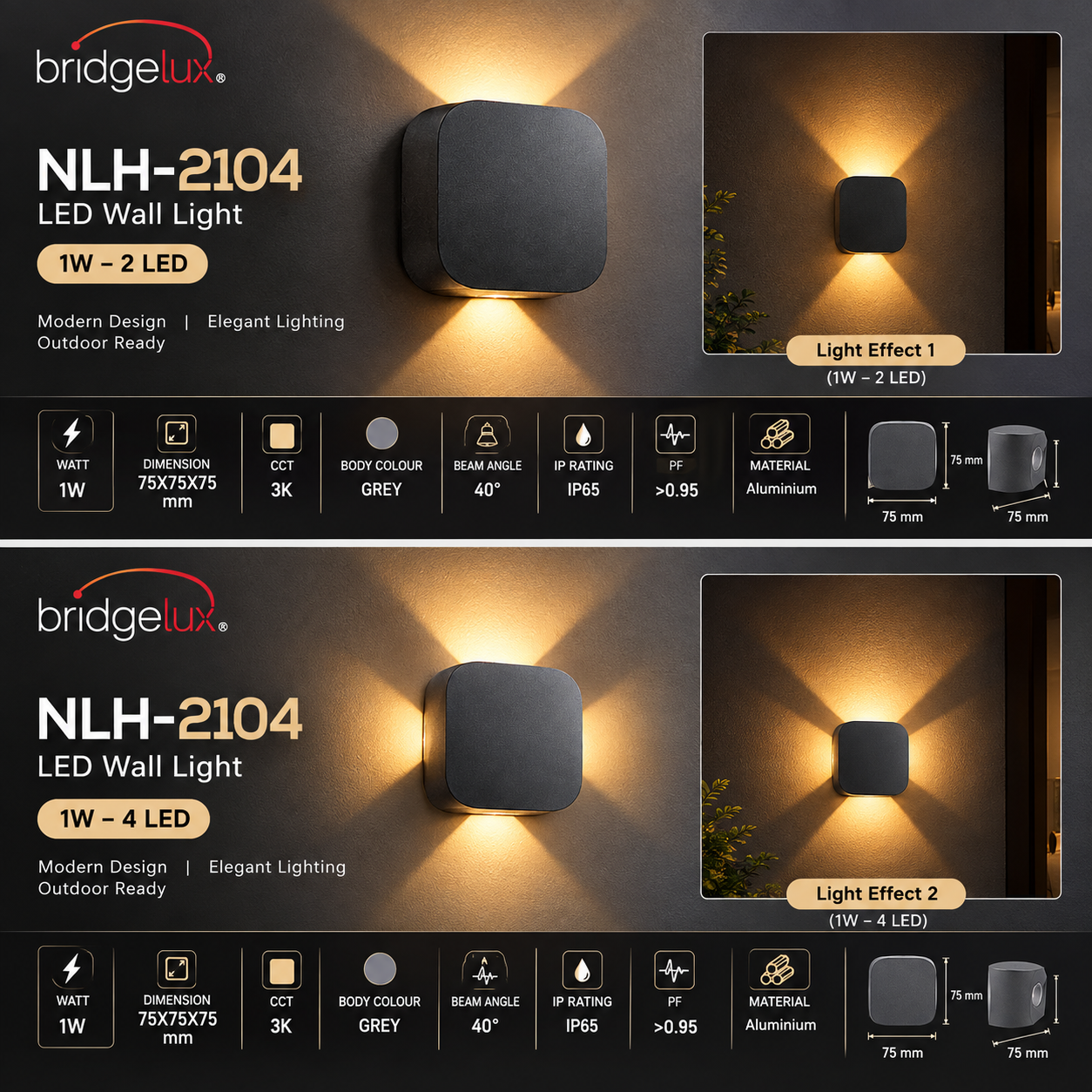 NLH-2104 – Square LED Wall Light | Up & Down Outdoor Wall Light 1W–4W