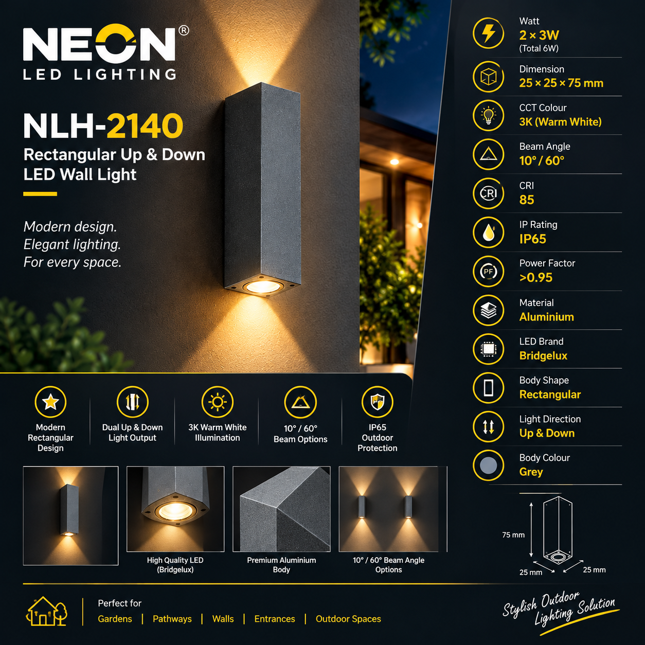 NEON NLH-2140 3W × 2 LED Up & Down Wall Light | Rectangular Outdoor LED Light
