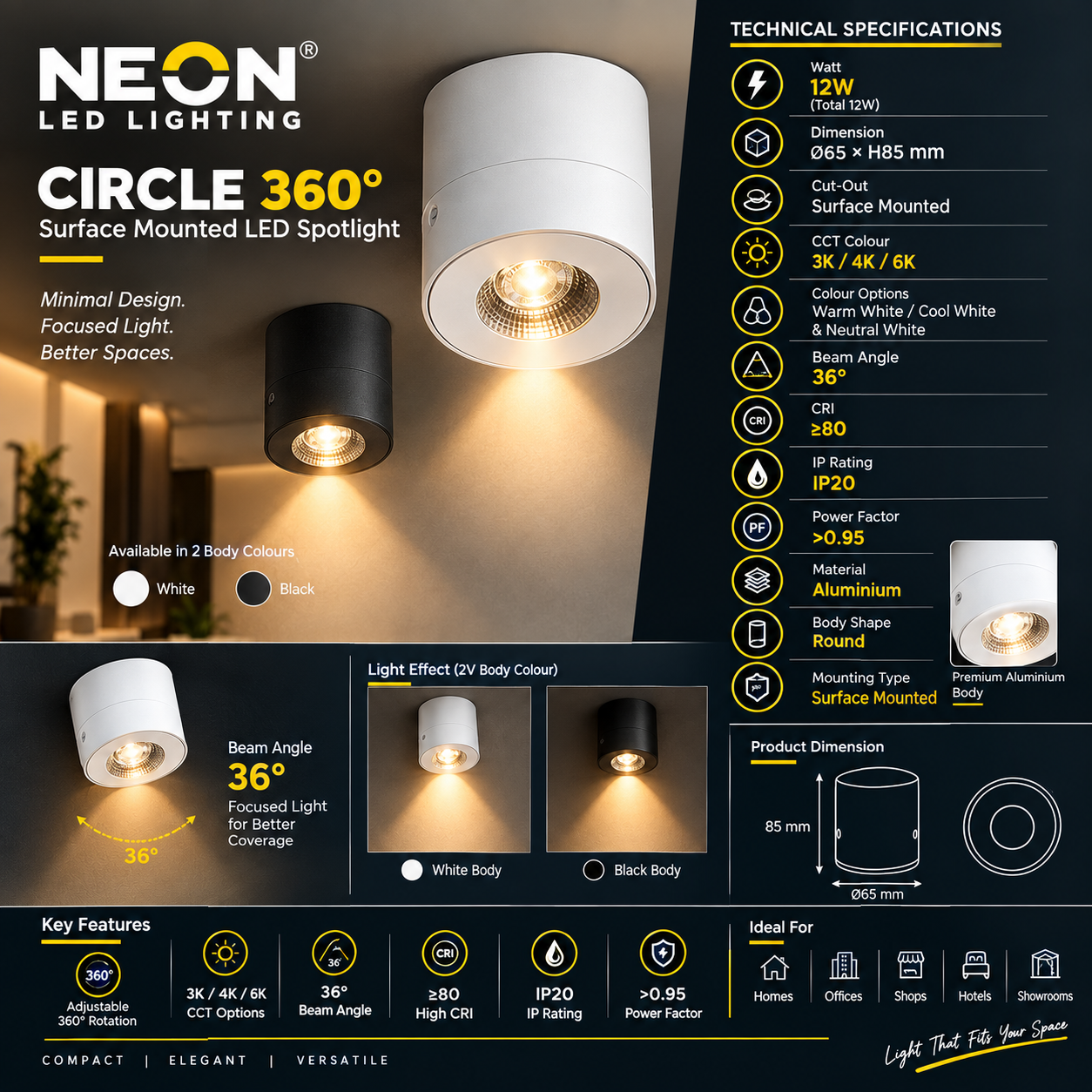 NEON CIRCLE 360° 12W Surface Mounted LED Spotlight | 36° Beam Angle | Adjustable Round Ceiling Light