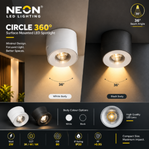 NEON CIRCLE 360° 12W Surface Mounted LED Spotlight | 36° Beam Angle | Adjustable Round Ceiling Light