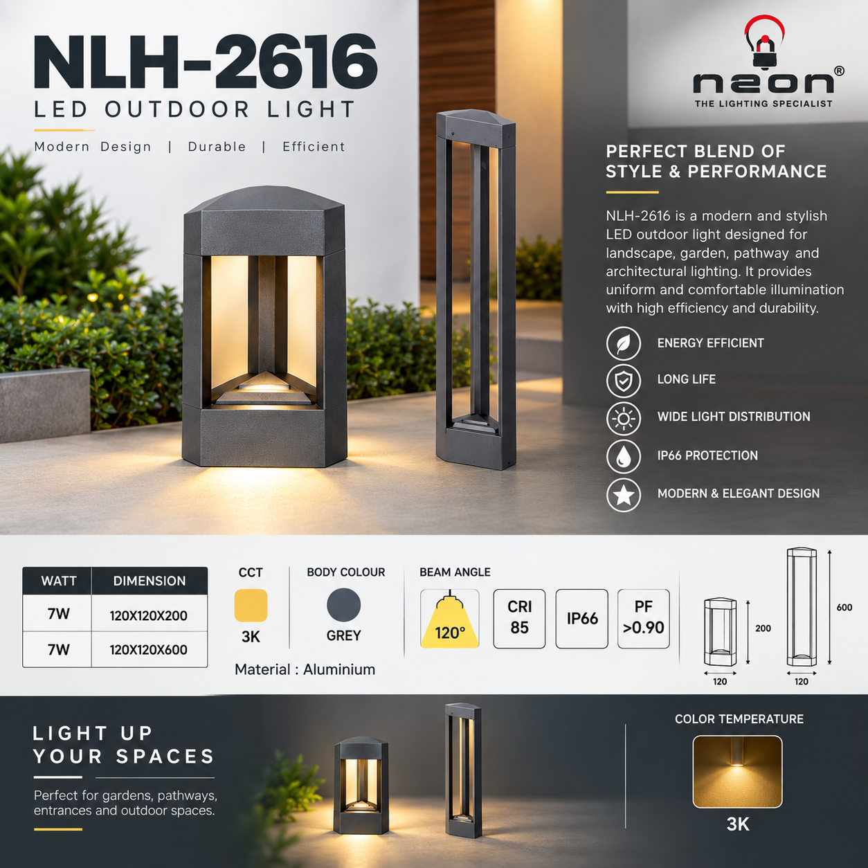 NEON+ NLH-2616 – Modern Outdoor LED Wall Light | 7W IP65 Grey Aluminium