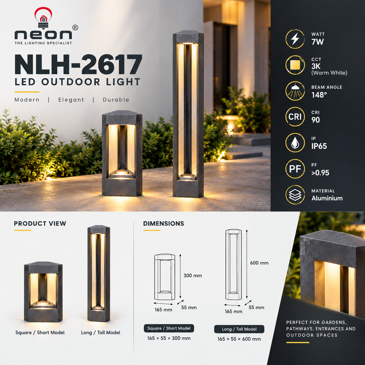 NLH-2617 LED Outdoor Bollard Light | 7W 3K Grey Aluminium Garden Pathway Light | IP65 CRI 90