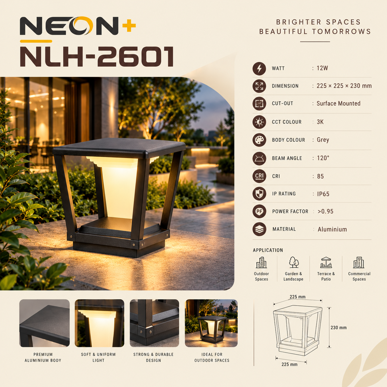 NEON+ NLH-2601 – Modern Outdoor LED Garden Light | 12W IP65 Aluminium Surface Mounted Light