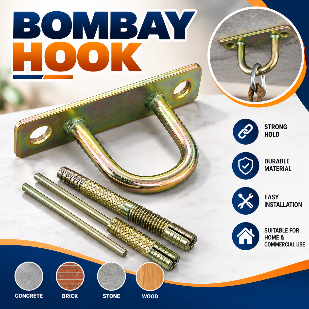 Heavy Duty Bombay Hook with Anchor Fasteners | Metal U Hook for Ceiling & Wall Mounting
