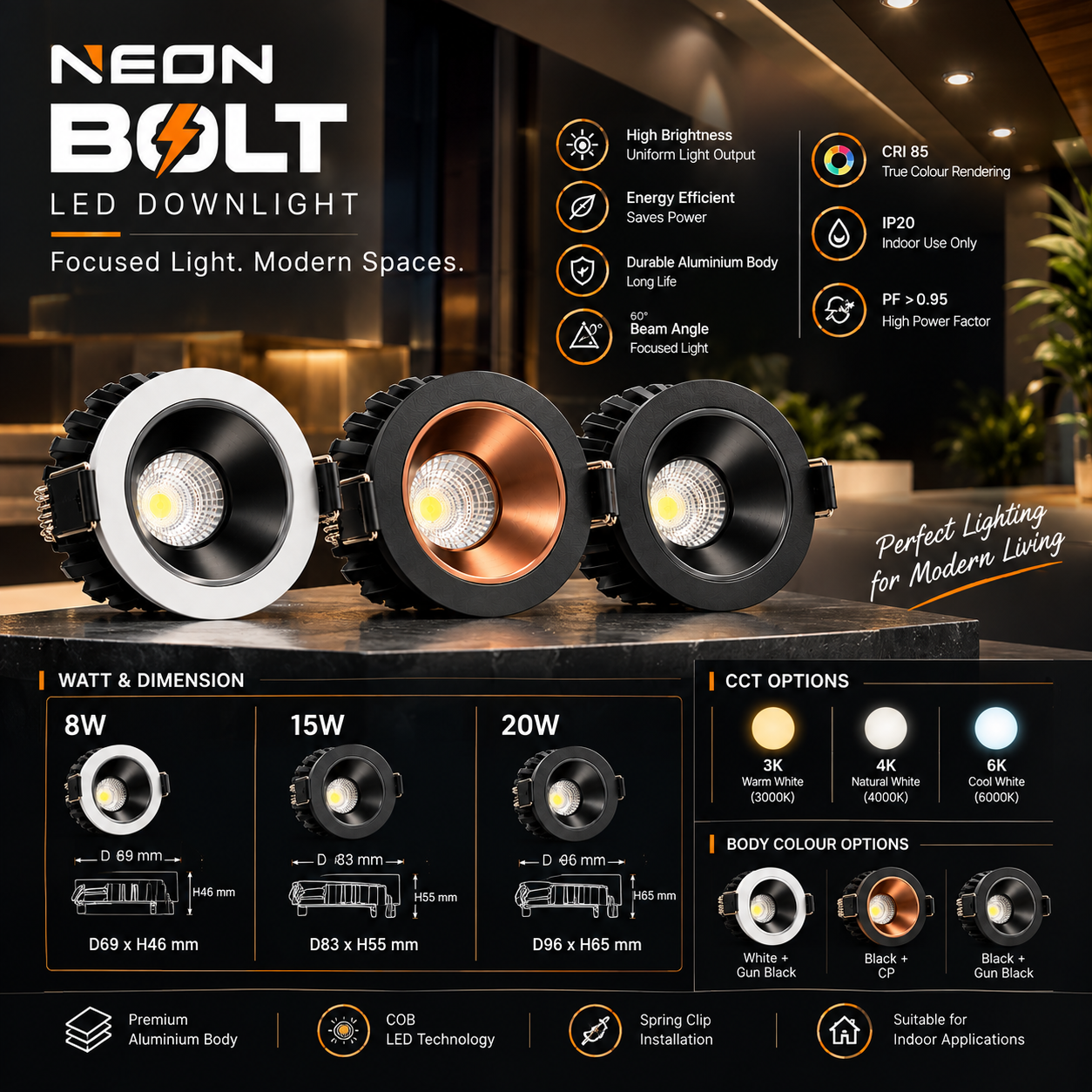 NEON BOLT LED Downlight | 8W, 12W & 20W | 60° Beam Angle | Premium Recessed Ceiling Light