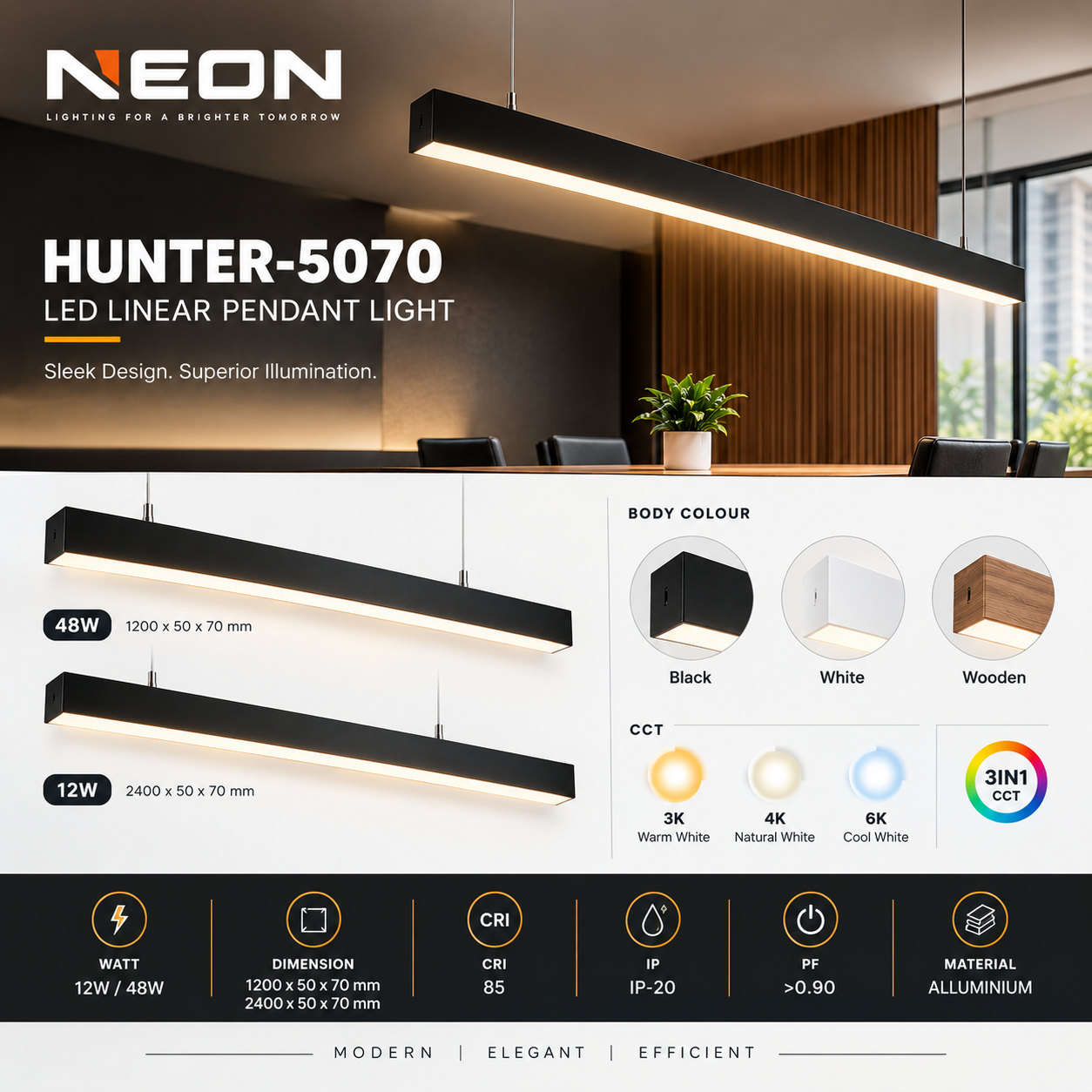 NEON HUNTER-5070 LED Linear Pendant Light | 48W & 96W | 3-in-1 CCT | Modern Hanging Ceiling Light