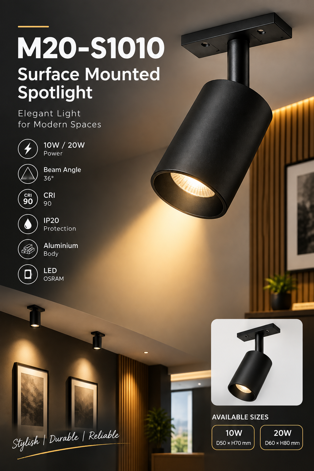 M20-S1010 10W/20W Surface Mounted LED Spotlight – OSRAM, Black Aluminium, 36° Beam