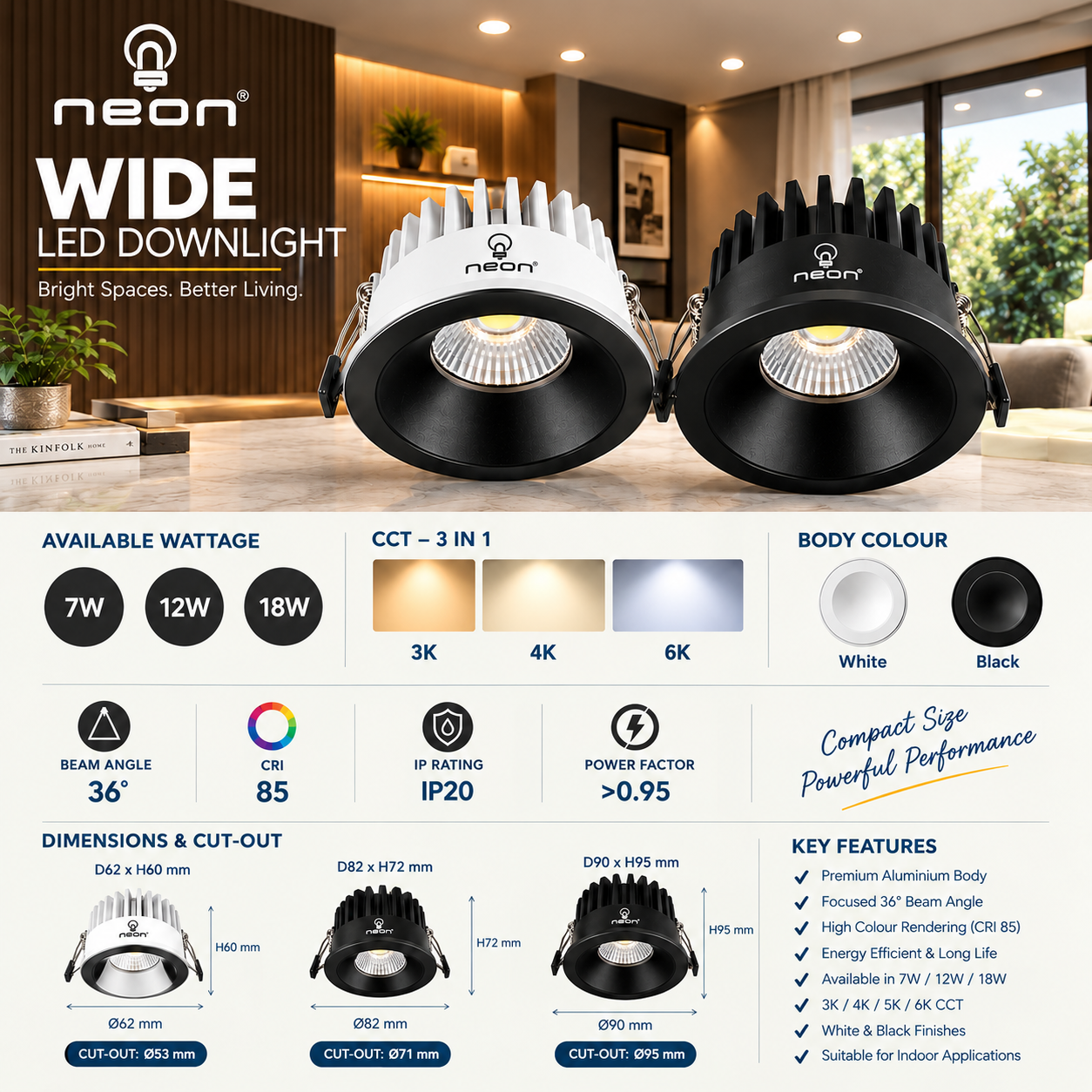 NEON WIDE LED Downlight | 7W, 12W & 18W | 36° Beam Angle | 3K–6K CCT | Recessed Ceiling Light