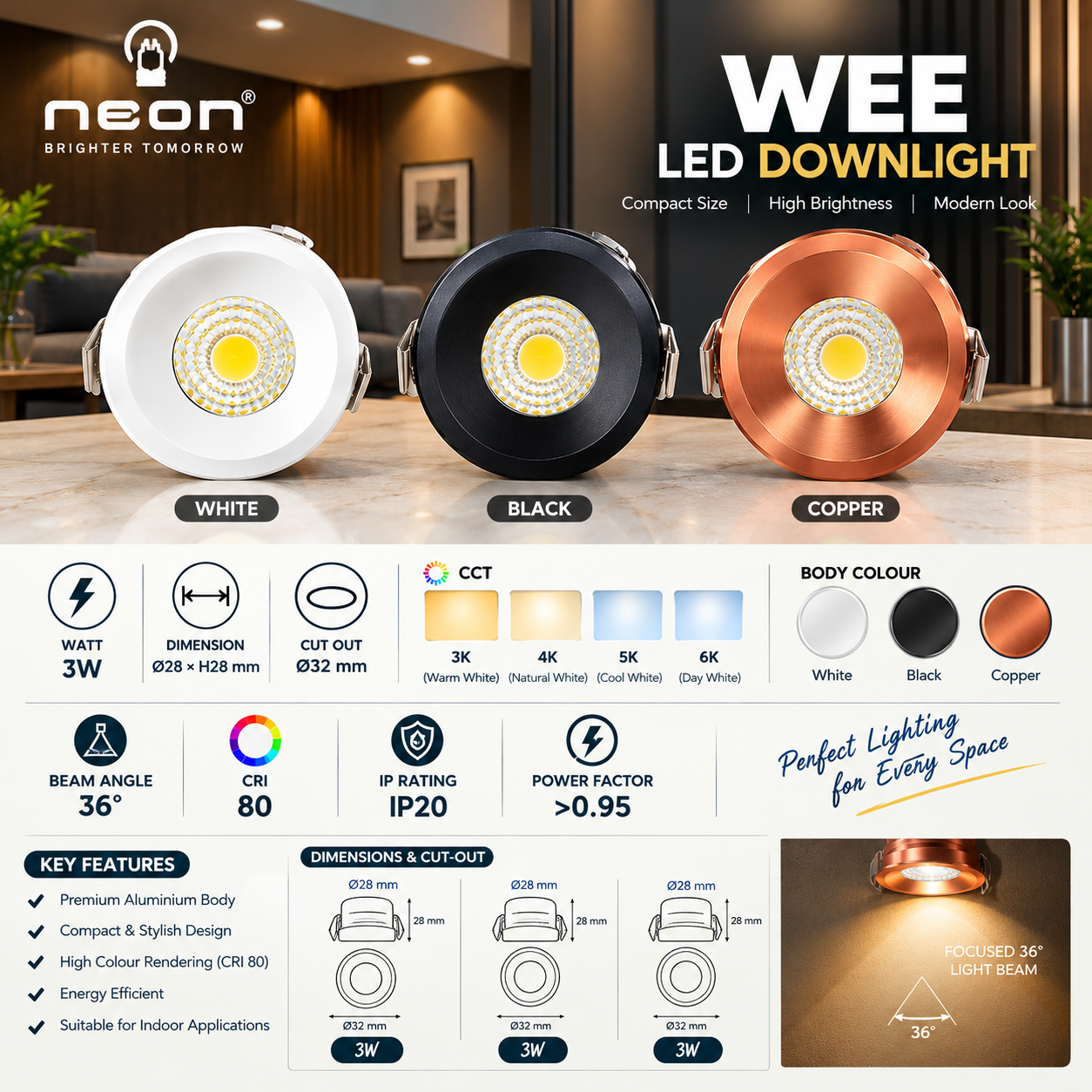 NEON WEE LED Downlight | 3W Recessed Ceiling Light | 36° Beam Angle | 3K 4K 6K CCT | White Black Copper