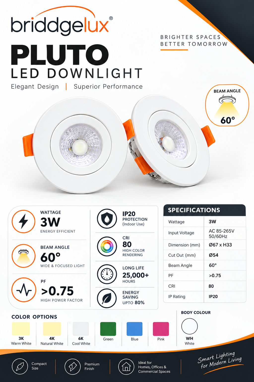 3W LED Recessed Downlight | 60° Beam Angle | White Round Ceiling Light | PF >0.75 | IP20 | CRI 80