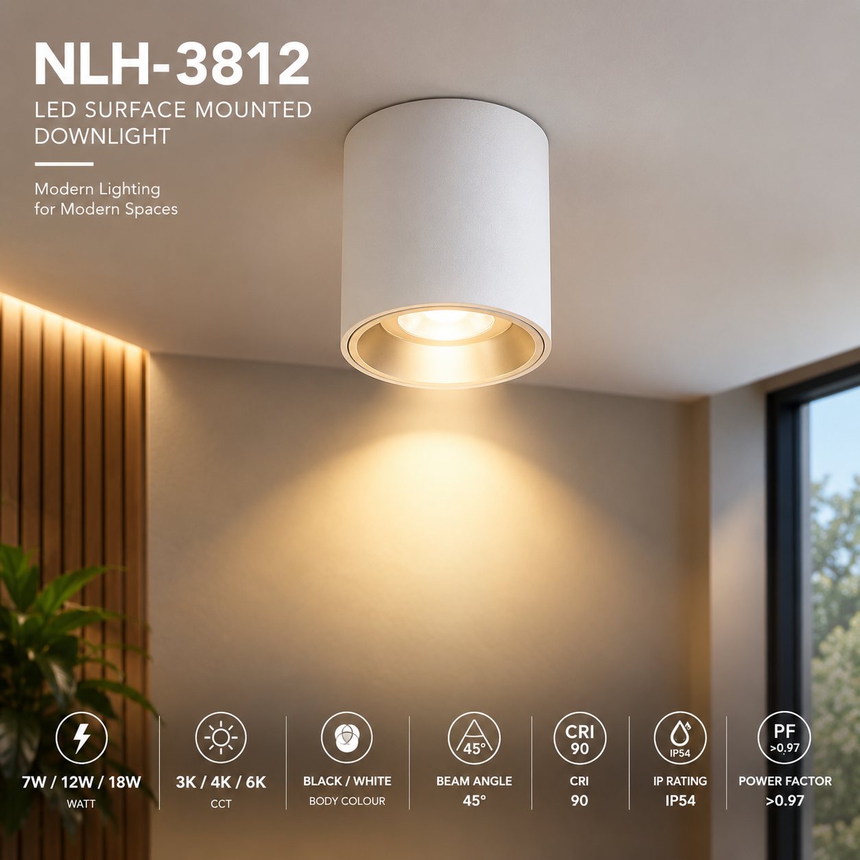 NLH-3812 LED Surface Mounted Downlight | 7W 12W 18W | 3K 4K 6K | Black & White | 45° Beam Angle