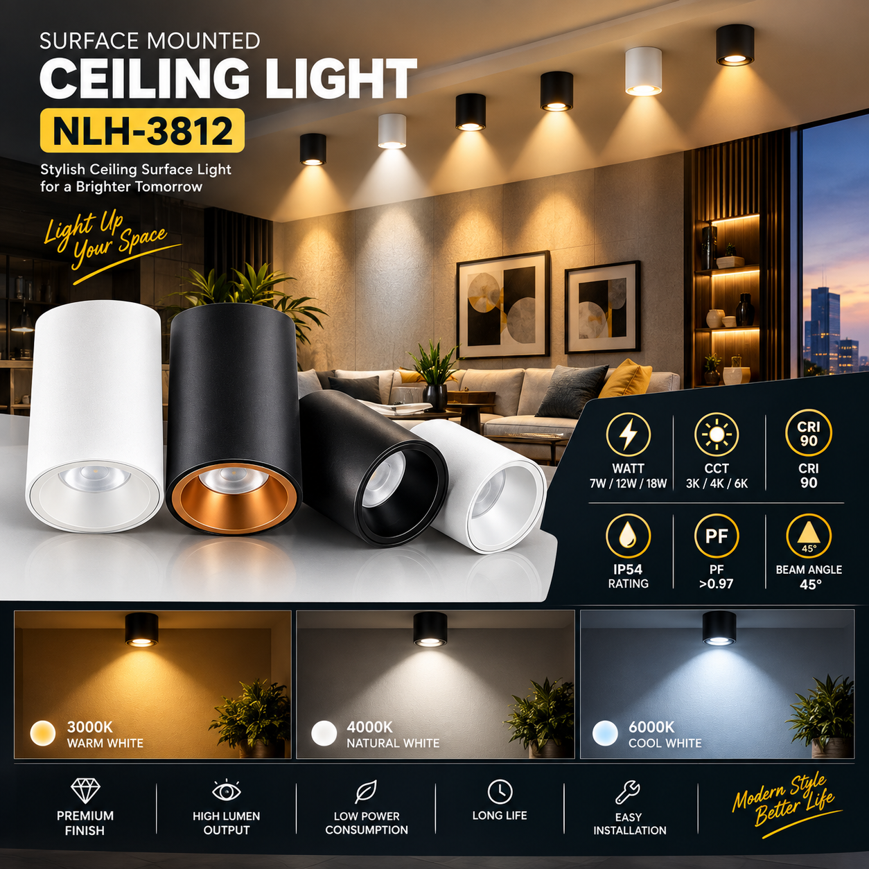 NLH-3812 LED Surface Mounted Downlight | 7W 12W 18W | 3K 4K 6K | Black & White | 45° Beam Angle