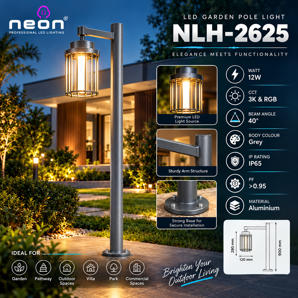 12W LED Outdoor Garden Post Light | 3K Warm White | IP65 Aluminium Landscape Bollard Light | 120° Beam Angle
