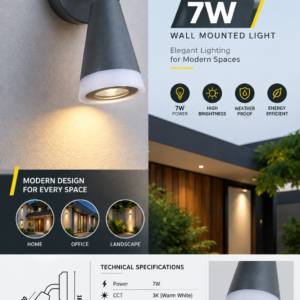 7W LED Wall Light | 3K Warm White | 36° Beam Angle | IP65 Grey Aluminium Outdoor Wall Light