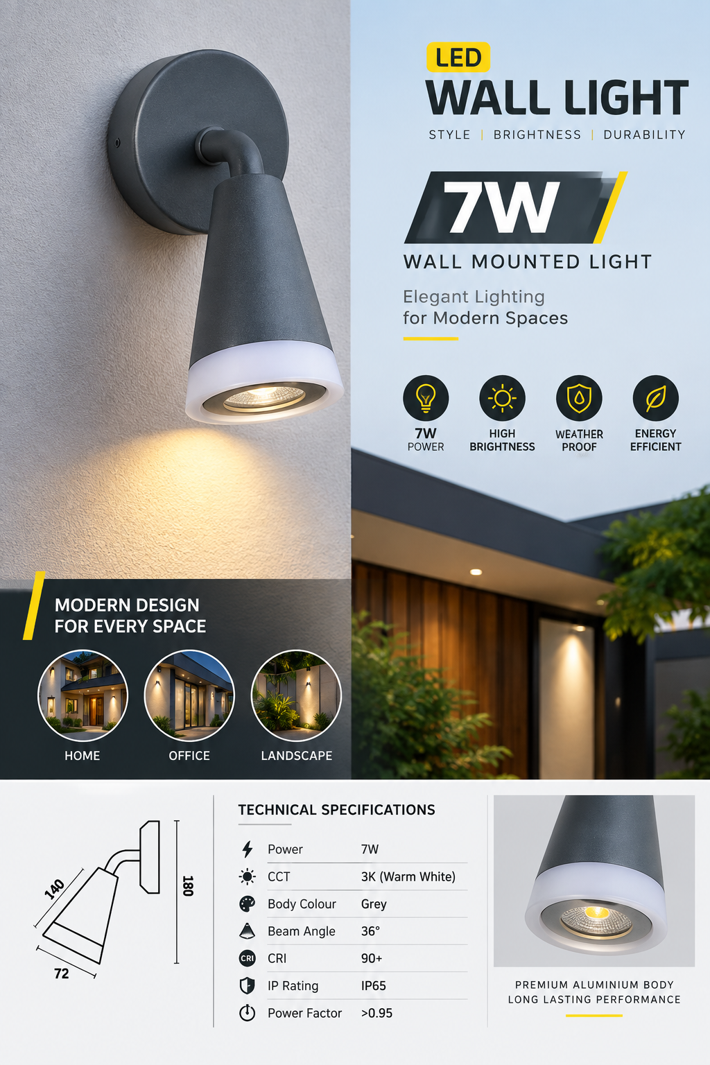 7W LED Wall Light | 3K Warm White | 36° Beam Angle | IP65 Grey Aluminium Outdoor Wall Light