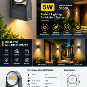 5W LED Wall Light – 3K Warm White, 120° Beam Angle, IP65 Grey Aluminium  Product Description