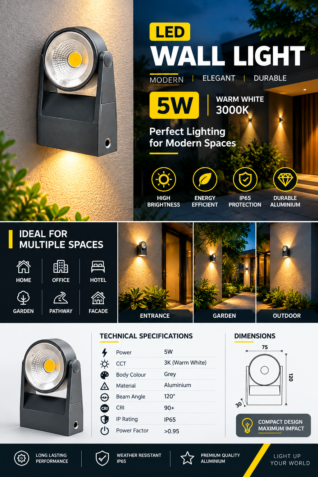 5W LED Wall Light – 3K Warm White, 120° Beam Angle, IP65 Grey Aluminium  Product Description
