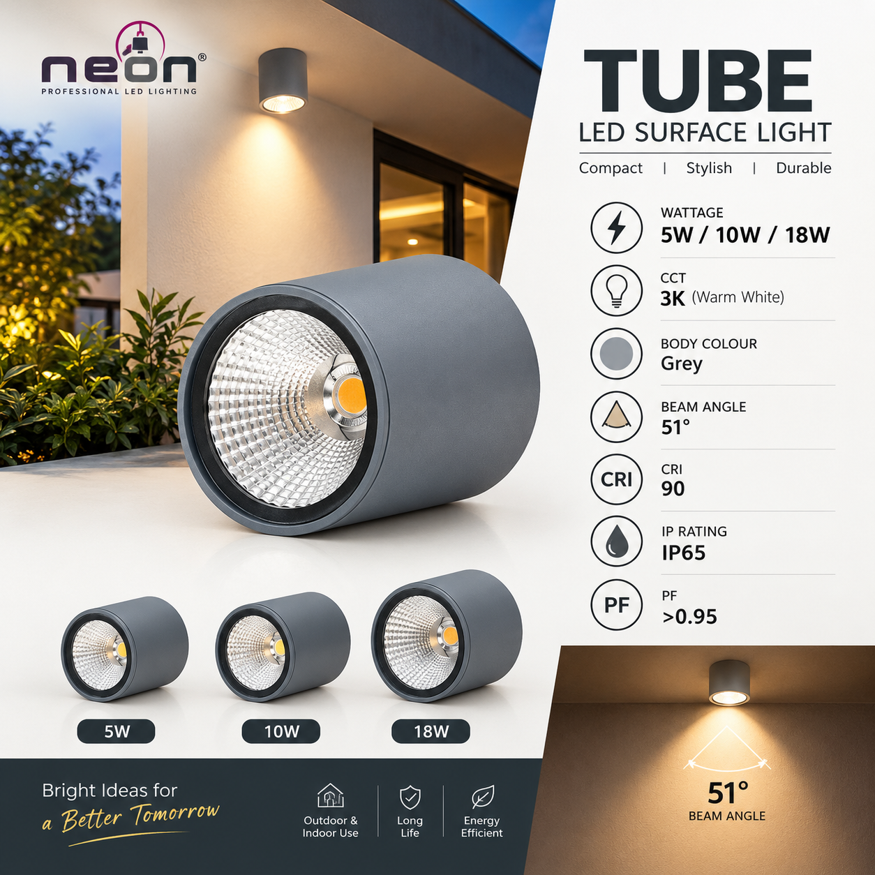 NEON TUBE LED Surface Light 5W | Grey Aluminium | 3K Warm White | 51° Beam | IP65