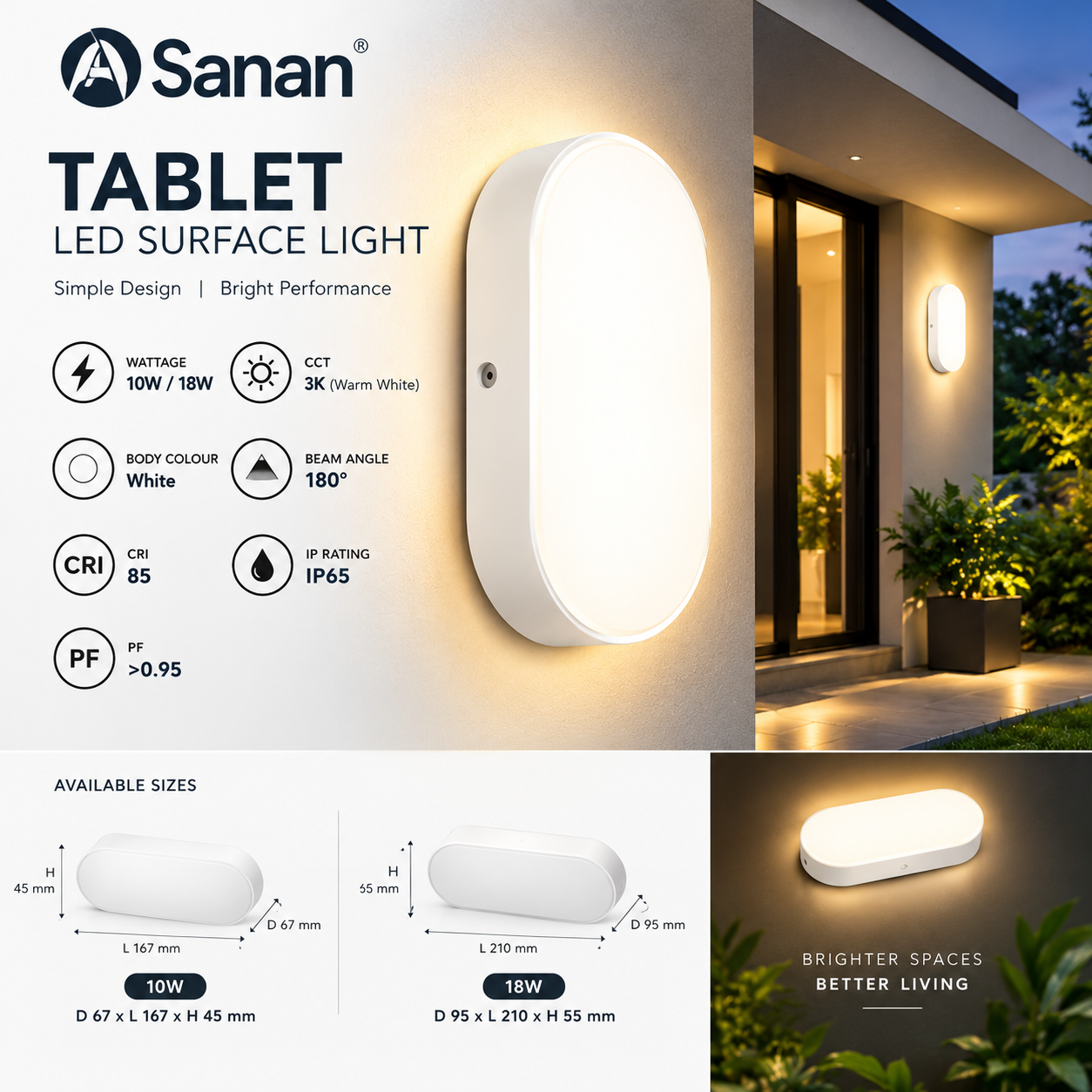 Sanan TABLET LED Surface Light 10W & 18W | 3K Warm White | IP65 Outdoor Wall Light