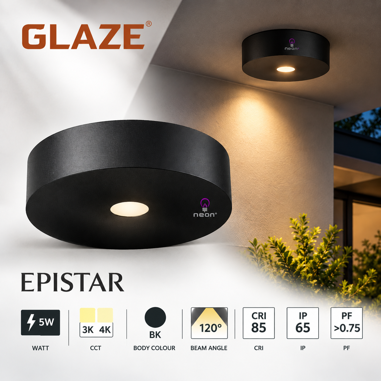NEON EPISTAR LED Surface Light 5W | 3K/4K CCT | Black | 120° Beam | IP65