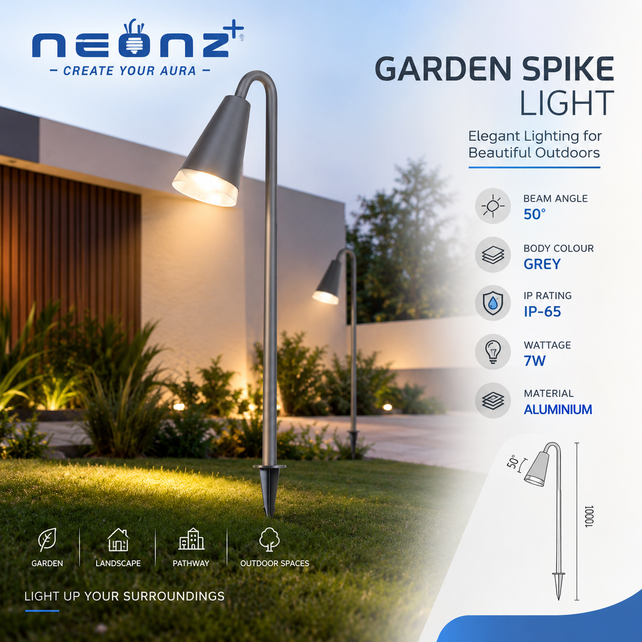 NEONZ+ Garden Spike LED Light 7W | Grey Aluminium | 3K Warm White | 50° Beam | IP65