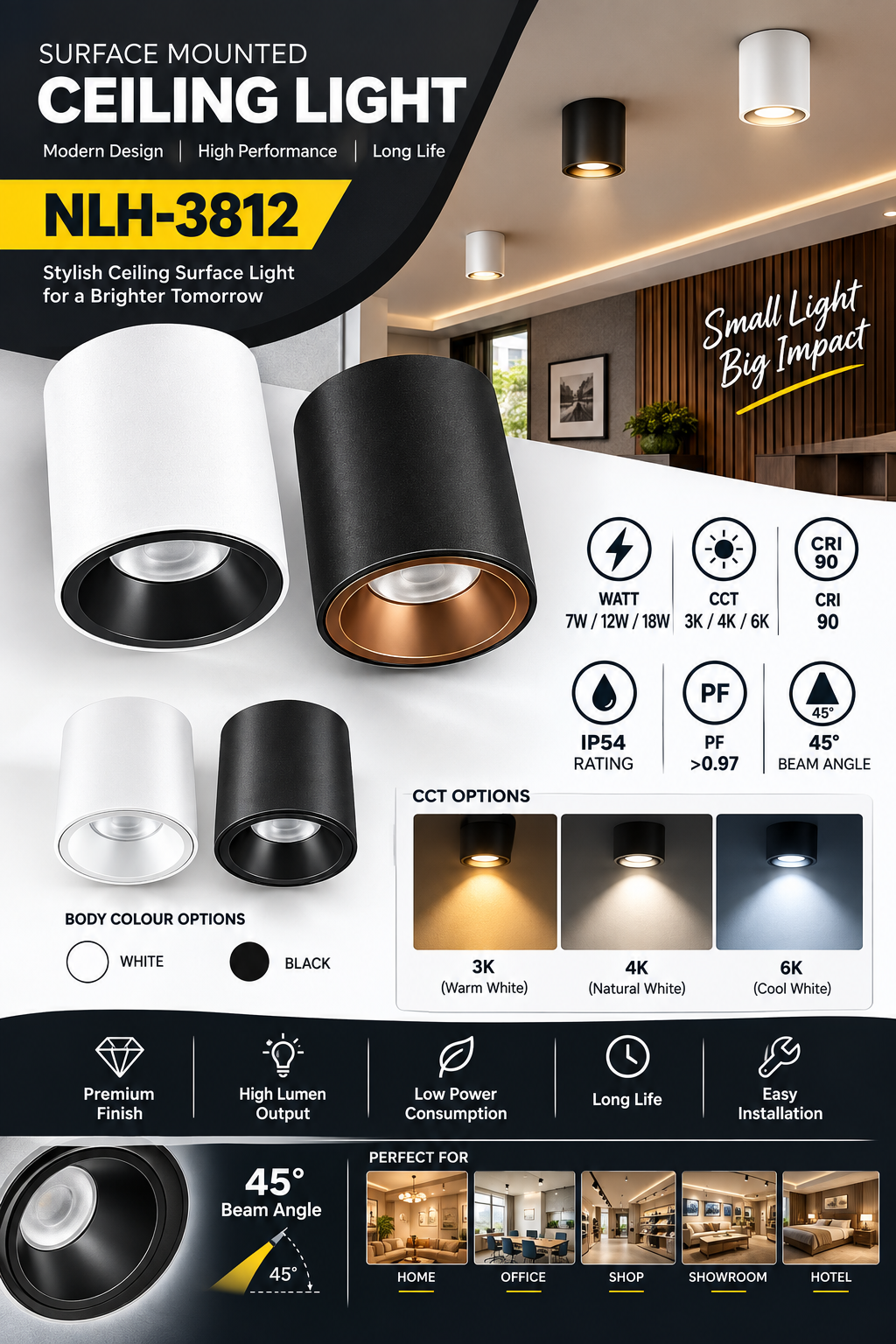 NLH-3812 LED Surface Mounted Downlight | 7W 12W 18W | 3K 4K 6K | Black & White | 45° Beam Angle
