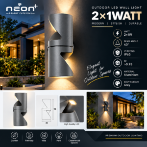 NEON 2153 2×1W Outdoor LED Wall Light | 40° Beam Angle | Grey Aluminium | IP65 | Up & Down Decorative Wall Light