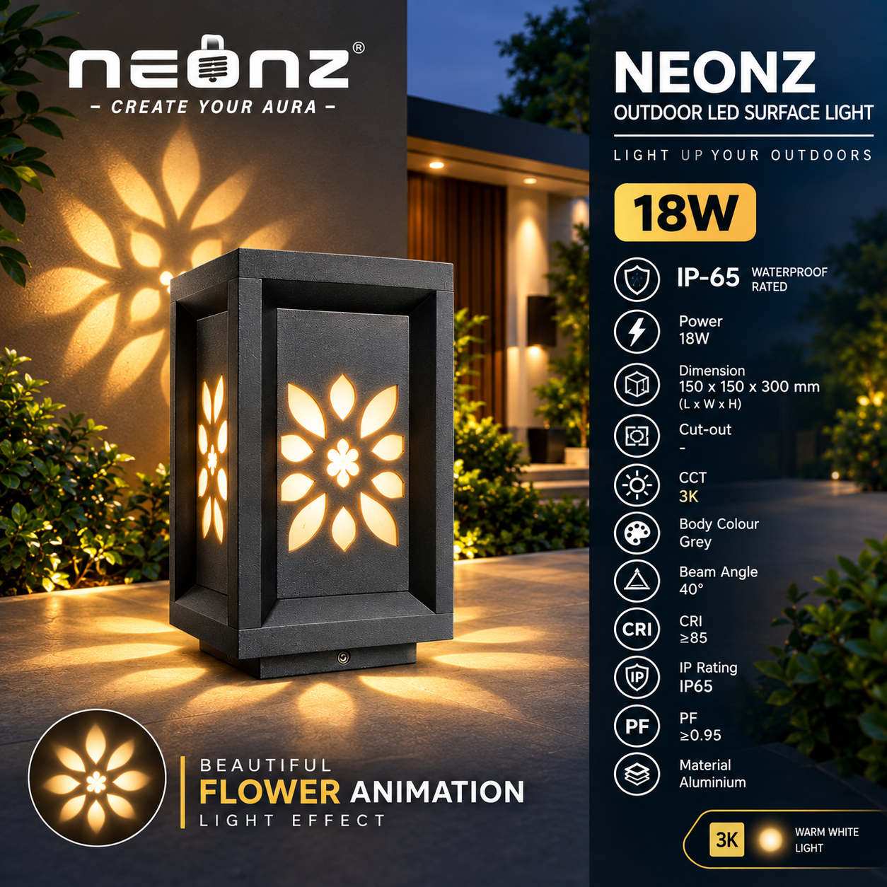 NEONZ 18W Full Floral Outdoor LED Surface Light | 3K Warm White | IP65