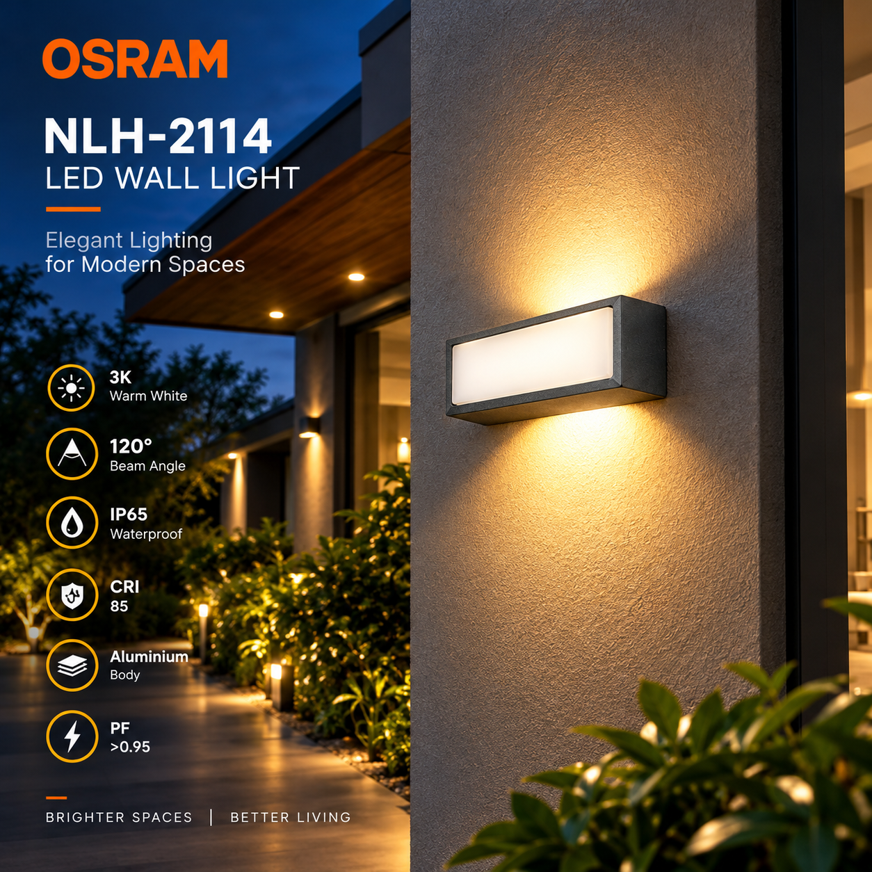 OSRAM NLH-2114 LED Outdoor Wall Light 12W | Grey Aluminium Wall Lamp | 3K Warm White | IP65 Waterproof | 120° Beam Angle