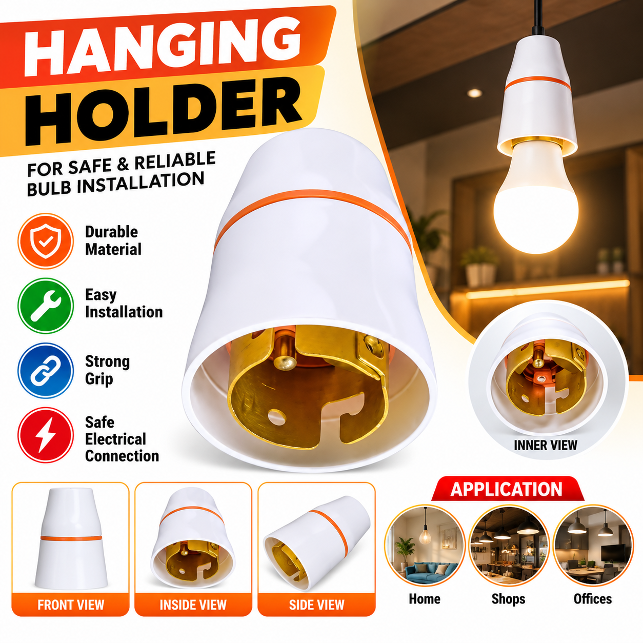 ORSAL Premium Hanging Holder – White Plastic B22 Bulb Holder for Home, Shop & Commercial Lighting