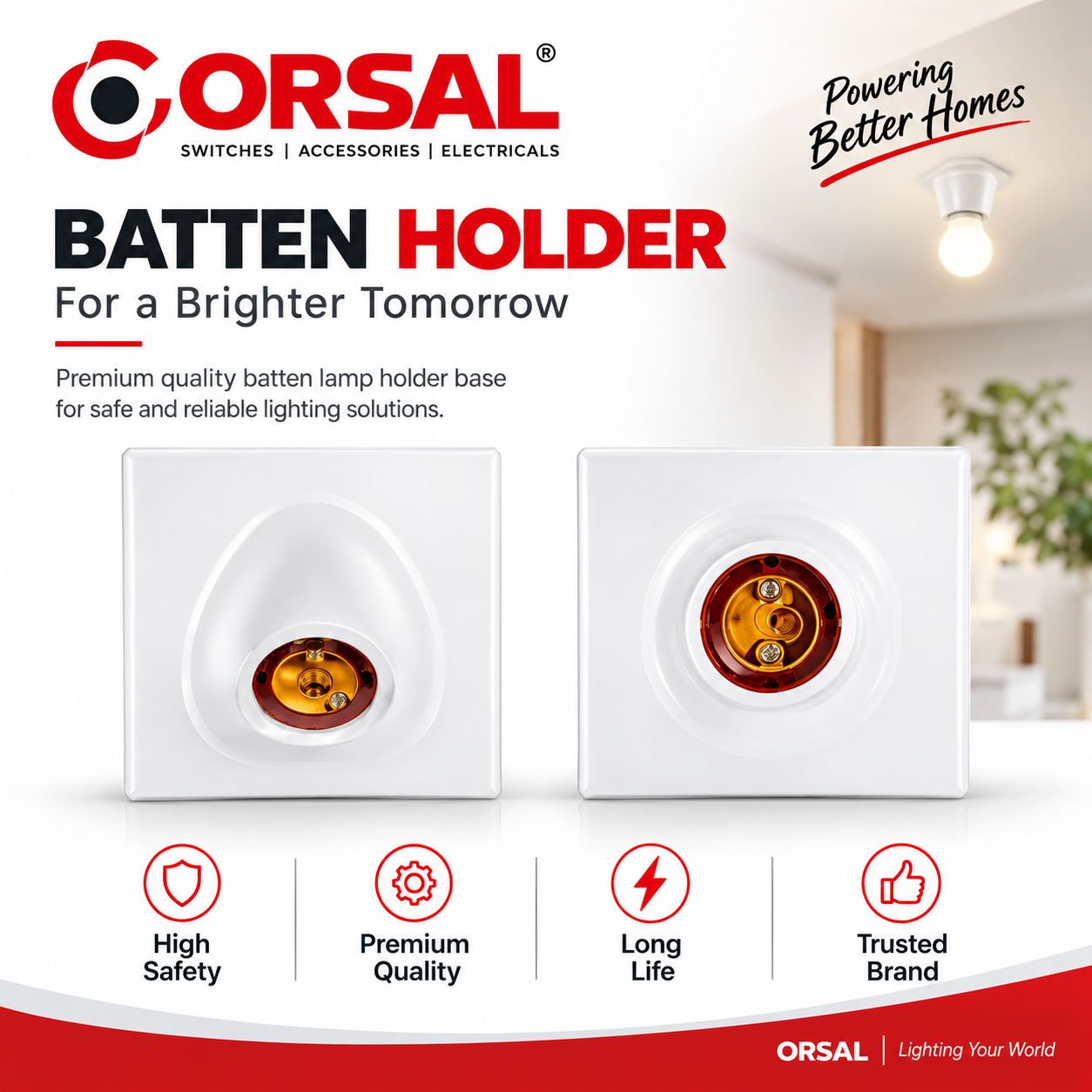 ORSAL Batten Holder 5X5 & 7X7| Premium White Electrical Batten Lamp Holder Base for Home & Commercial Use