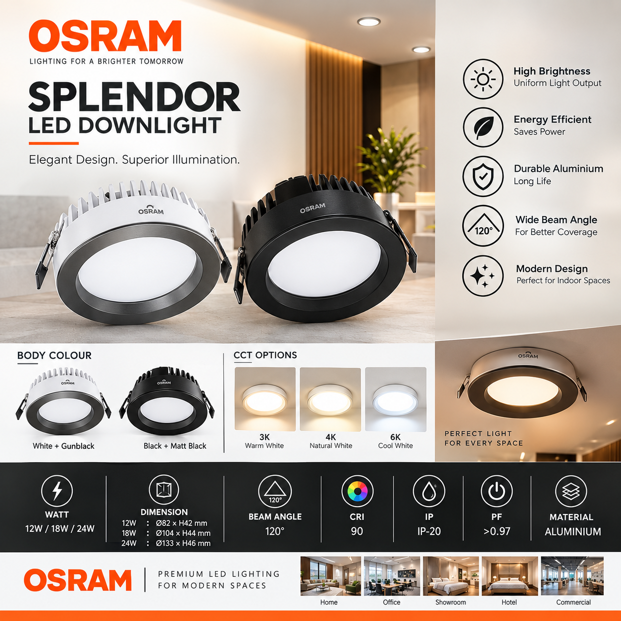 NEON SPLENDOR LED Downlight | 12W, 18W & 24W | 120° Beam Angle | 3-in-1 CCT | Premium Recessed Ceiling Light