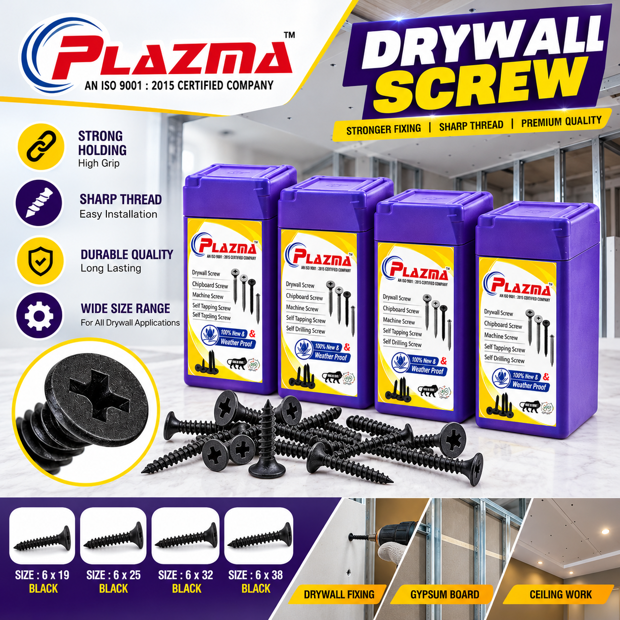 PLAZMA Black Drywall Screws | Phillips Head Gypsum Board Fixing Screws | 6x19mm, 6x25mm, 6x32mm, 6x38mm