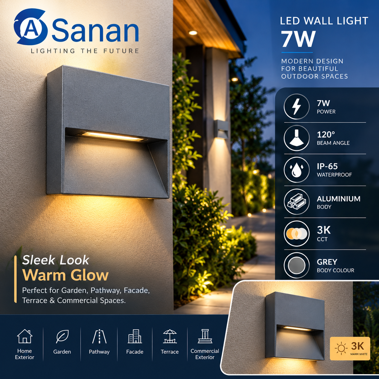 7W LED Wall Light | Outdoor Wall Mounted Light | 3K Warm White | IP65 Waterproof Aluminium Wall Light