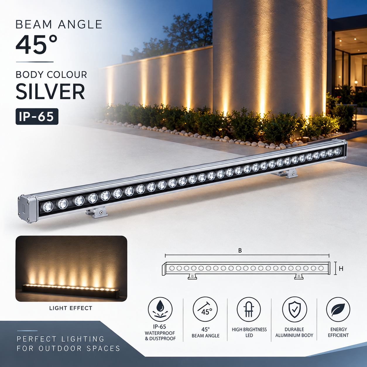 NLH-7501 Silver Linear LED Wall Washer Light 45° Beam Angle | IP65 Outdoor Light